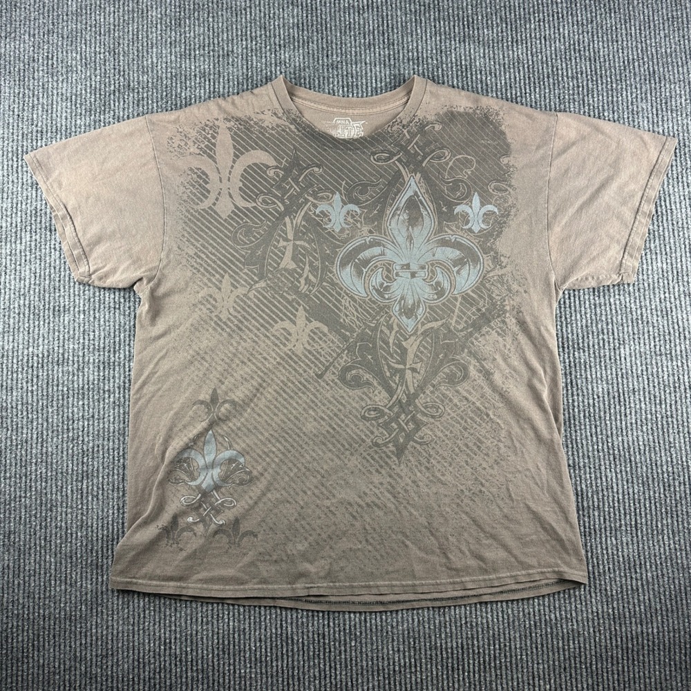 MMA Elite Mens XL Brown Fleur De Lis Graphic T-Shirt Y2K Distressed Gothic Tee